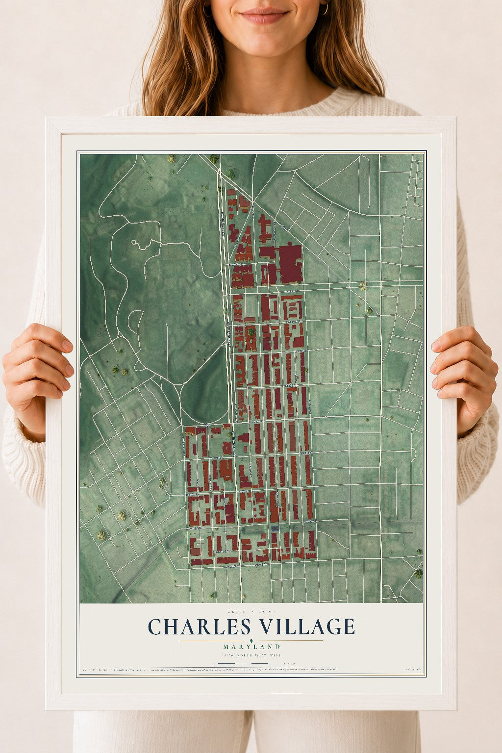 Map of Charles Village, Maryland, 18 x 24 inch print in a white wood frame