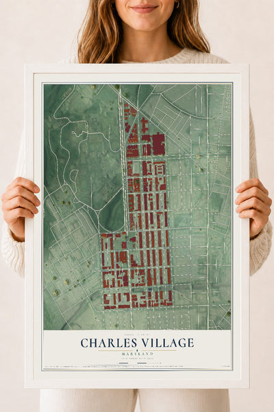 Map of Charles Village, Maryland, 18 x 24 inch print in a white wood frame