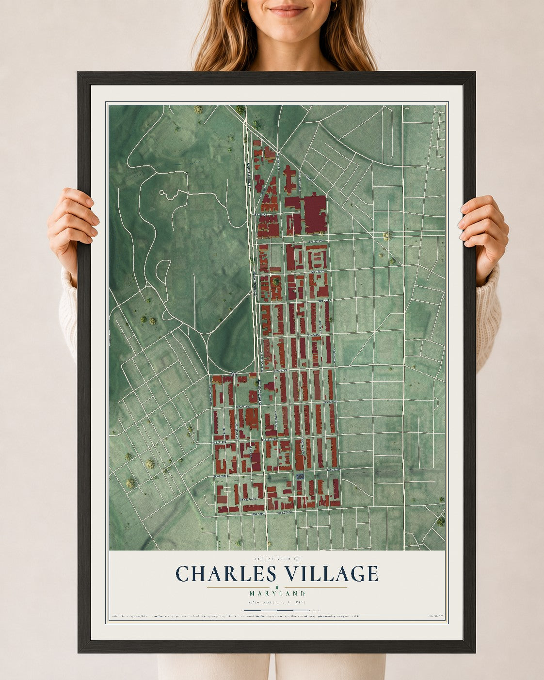 Map of Charles Village, Maryland, 24 x 36 inch print in a black wood frame
