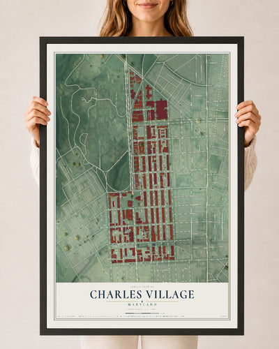 Map of Charles Village, Maryland, 24 x 36 inch print in a black wood frame