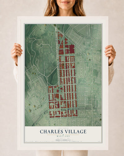 Map of Charles Village, Maryland, 24 x 36 inch print in a white wood frame