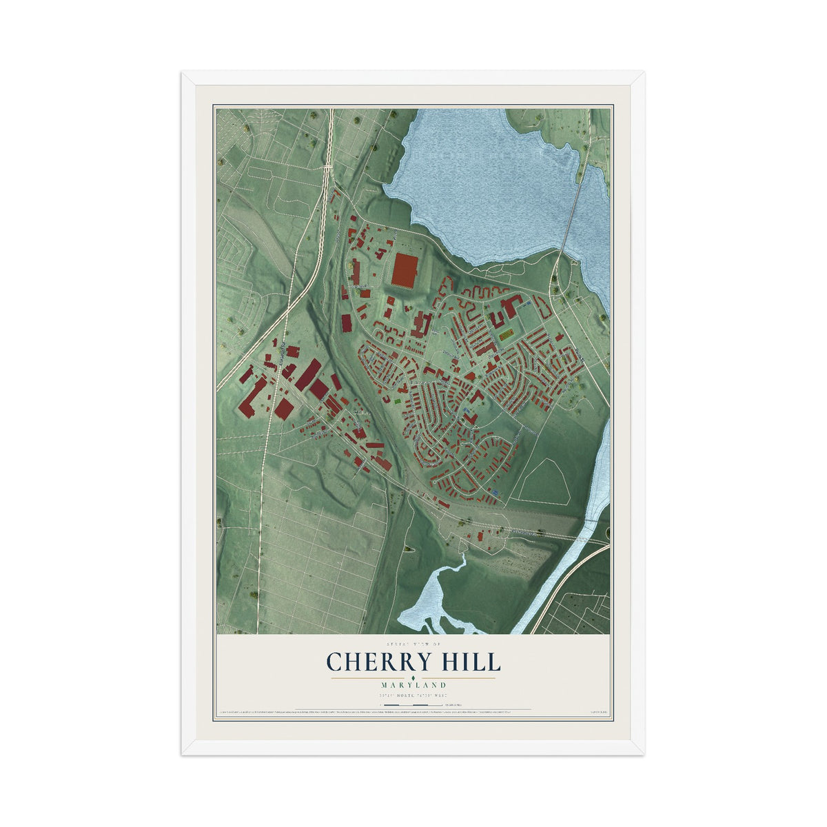 Map of Cherry Hill, Maryland, 12 x 18 inch print in a white wood frame