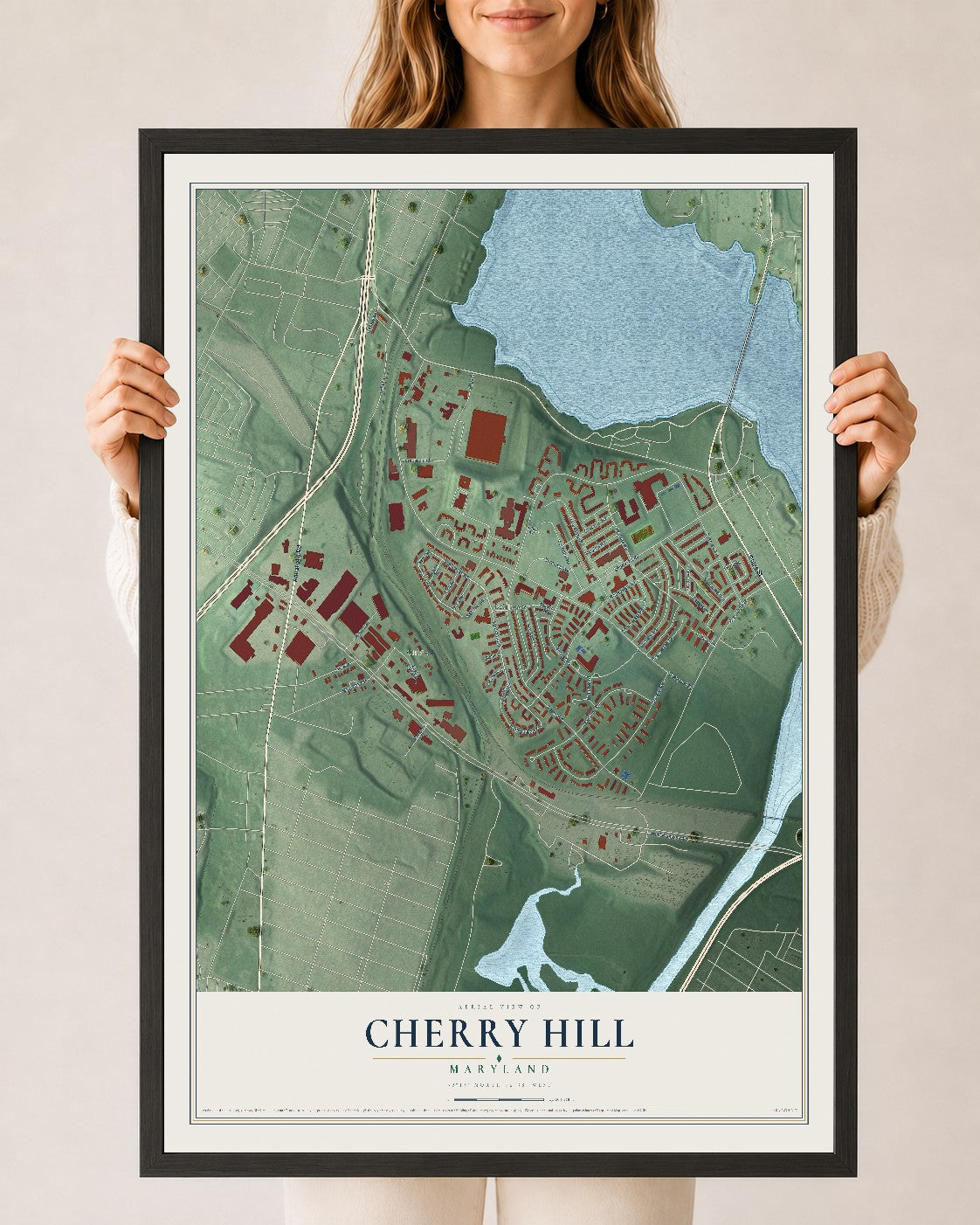 Map of Cherry Hill, Maryland, 24 x 36 inch print in a black wood frame