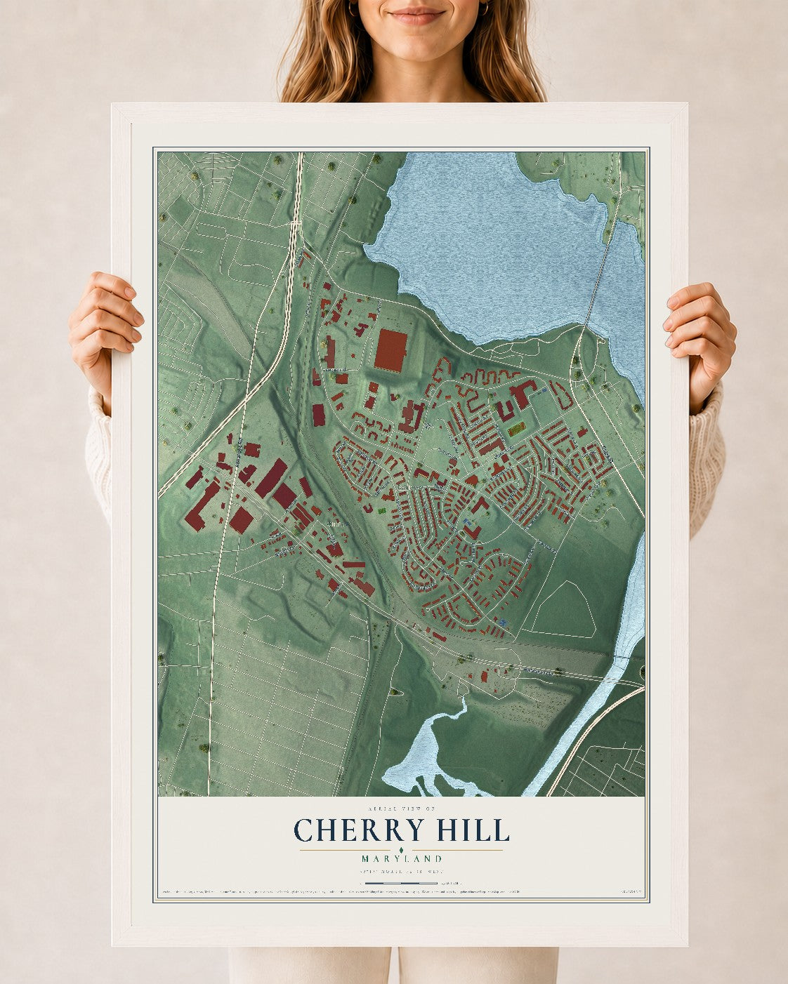 Map of Cherry Hill, Maryland, 24 x 36 inch print in a white wood frame