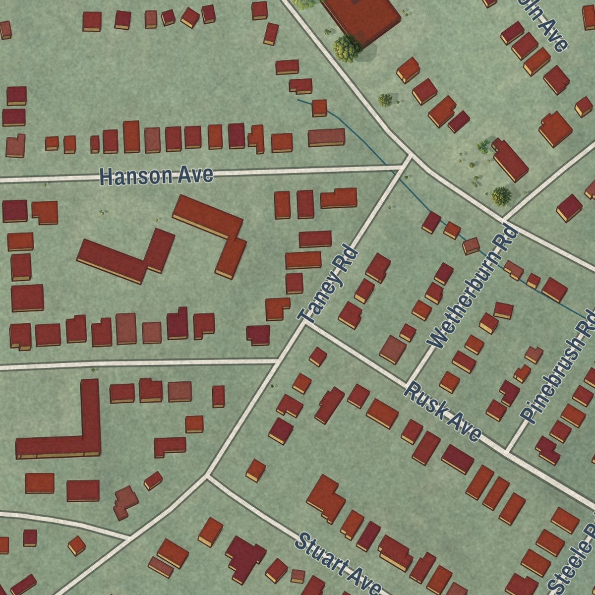 Close-up of the map of Cheswolde, Maryland print showing street and building detail