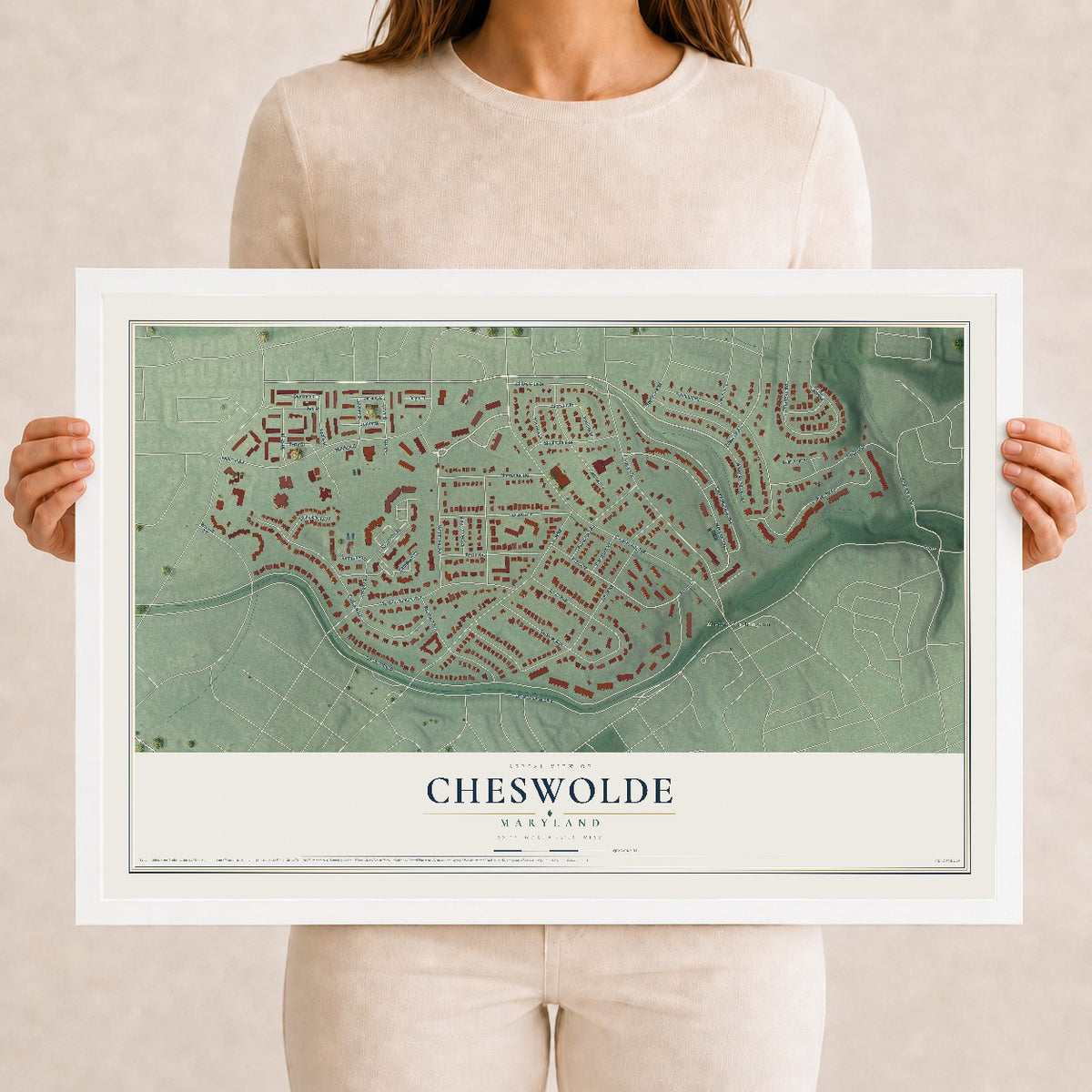 Map of Cheswolde, Maryland, 12 x 18 inch print in a white wood frame