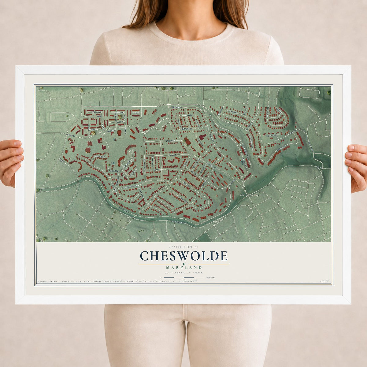 Map of Cheswolde, Maryland, 18 x 24 inch print in a white wood frame
