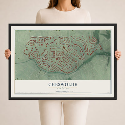 Map of Cheswolde, Maryland, 24 x 36 inch print in a black wood frame