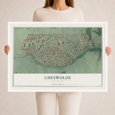 Map of Cheswolde, Maryland, 24 x 36 inch print in a white wood frame