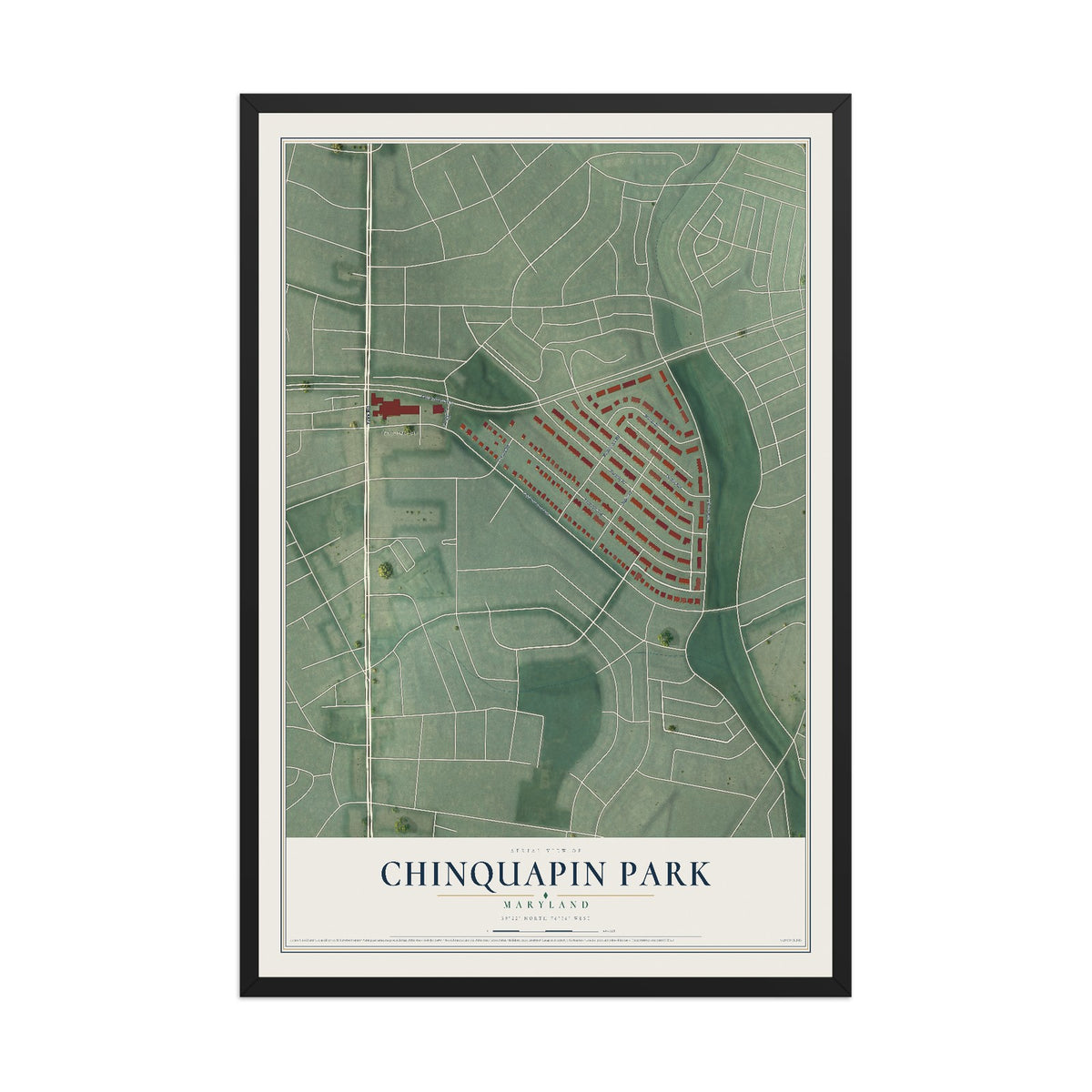 Map of Chinquapin Park, Maryland, 12 x 18 inch print in a black wood frame