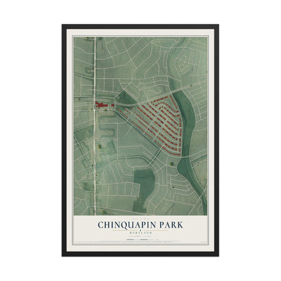 Map of Chinquapin Park, Maryland, 12 x 18 inch print in a black wood frame