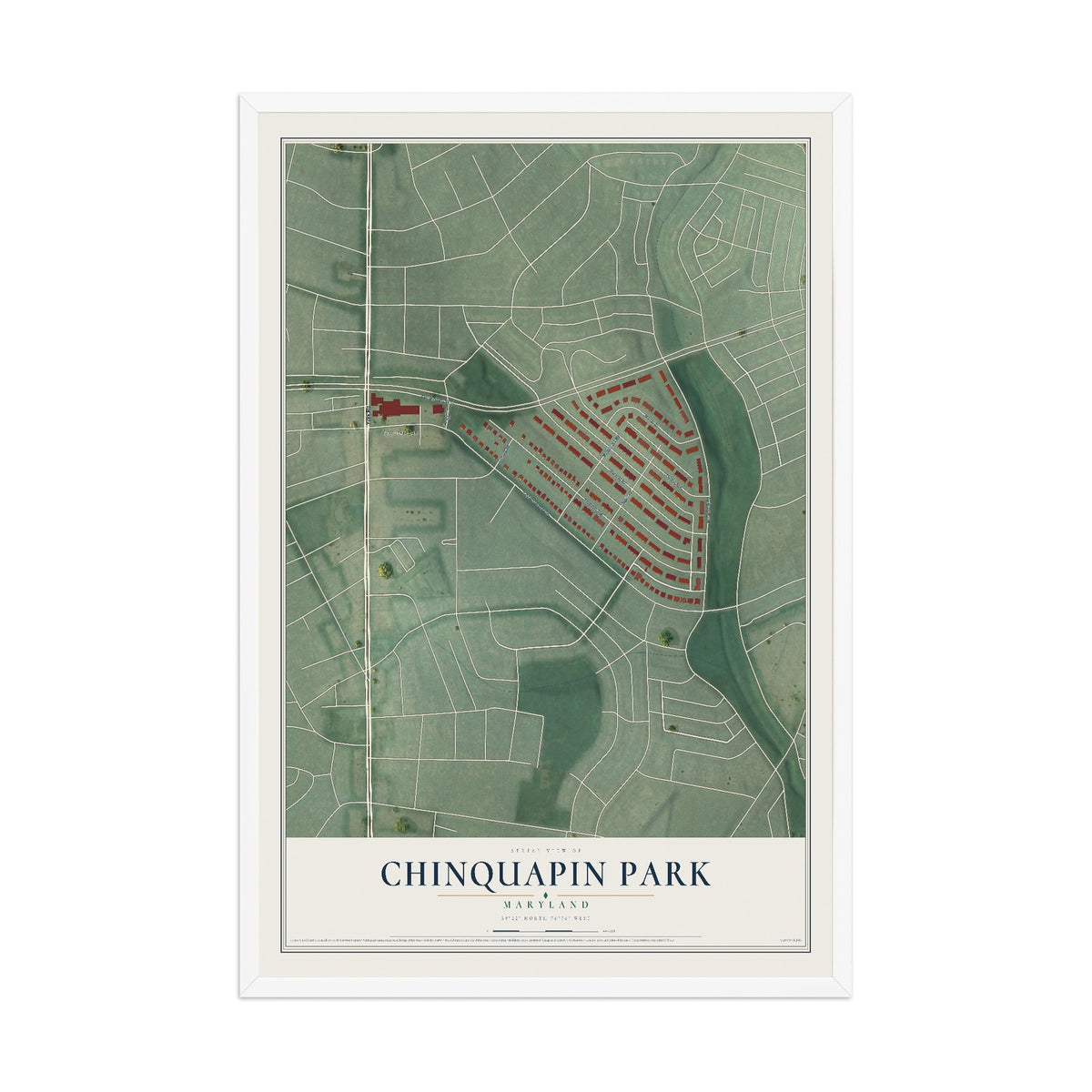 Map of Chinquapin Park, Maryland, 12 x 18 inch print in a white wood frame