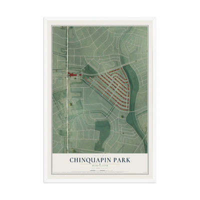 Map of Chinquapin Park, Maryland, 12 x 18 inch print in a white wood frame