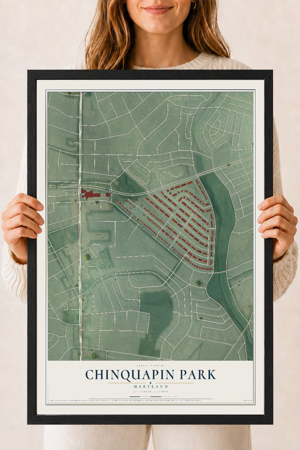 Map of Chinquapin Park, Maryland, 18 x 24 inch print in a black wood frame