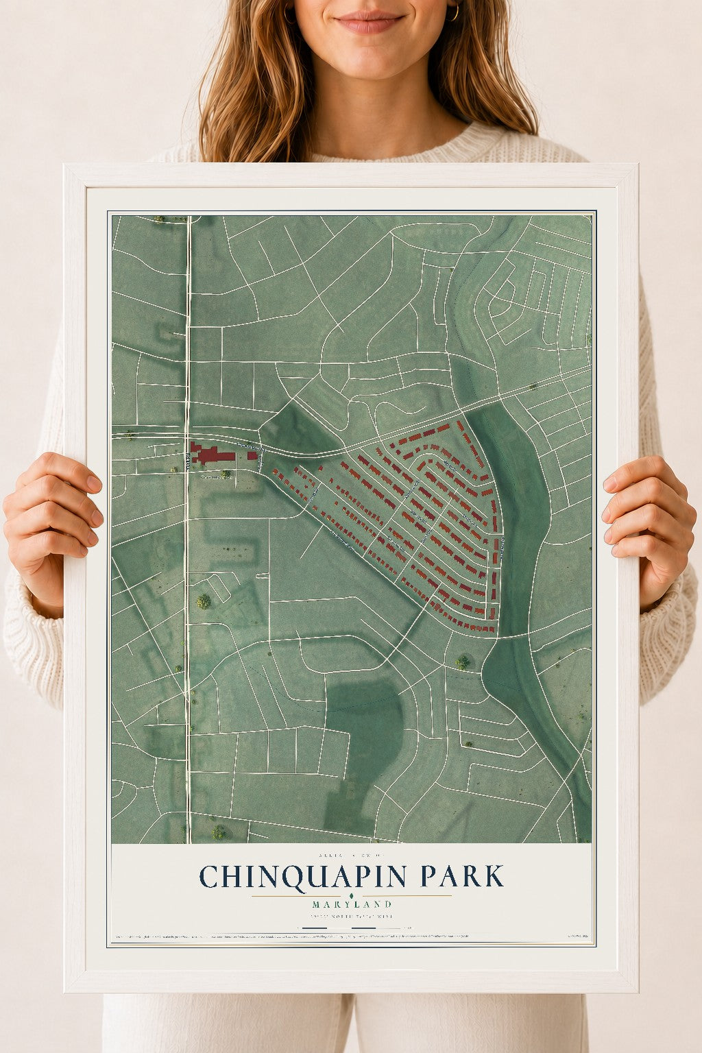 Map of Chinquapin Park, Maryland, 18 x 24 inch print in a white wood frame