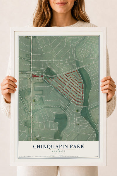 Map of Chinquapin Park, Maryland, 18 x 24 inch print in a white wood frame