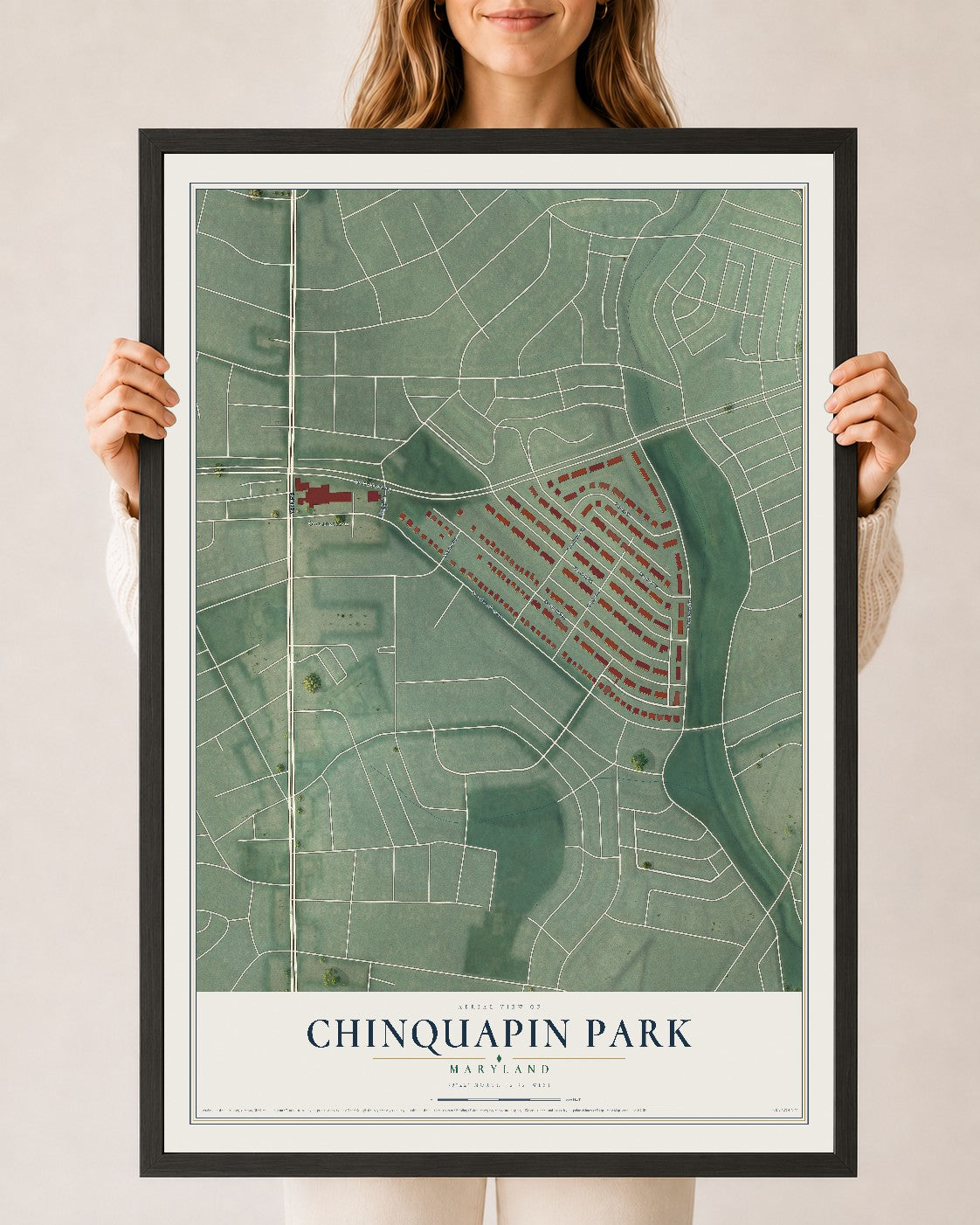 Map of Chinquapin Park, Maryland, 24 x 36 inch print in a black wood frame