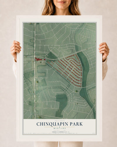 Map of Chinquapin Park, Maryland, 24 x 36 inch print in a white wood frame