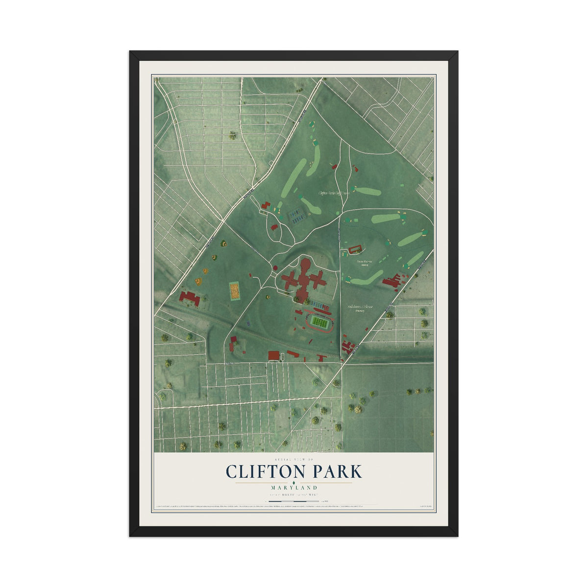 Map of Clifton Park, Maryland, 12 x 18 inch print in a black wood frame
