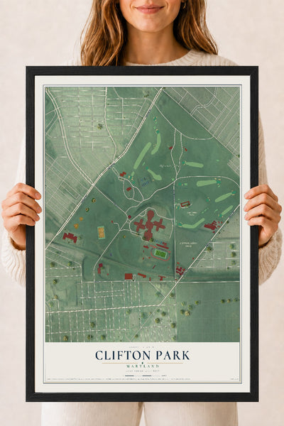 Map of Clifton Park, Maryland, 18 x 24 inch print in a black wood frame