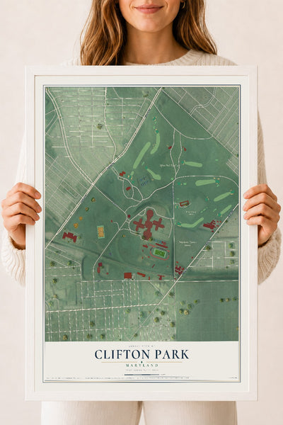Map of Clifton Park, Maryland, 18 x 24 inch print in a white wood frame