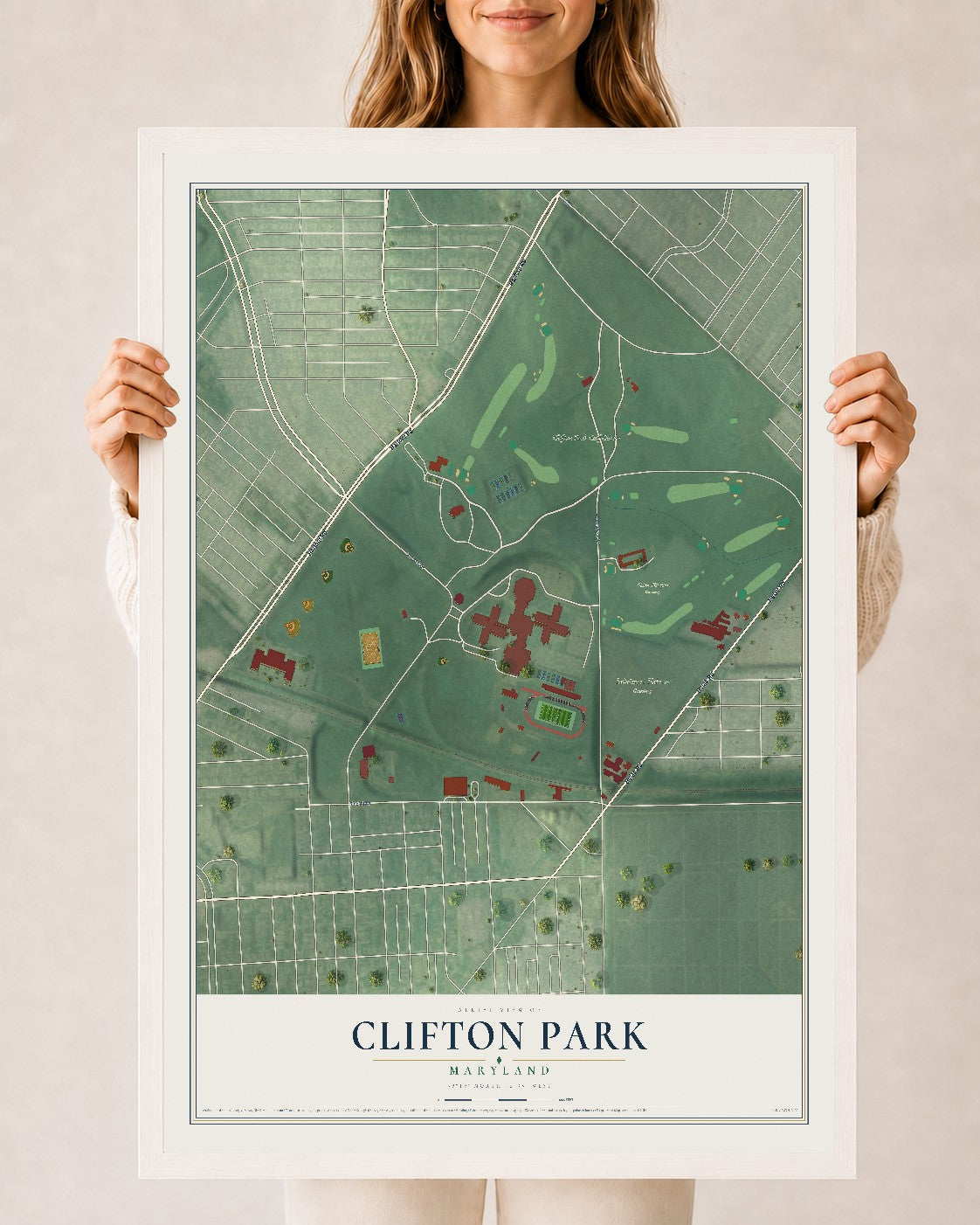 Map of Clifton Park, Maryland, 24 x 36 inch print in a white wood frame