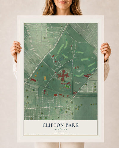 Map of Clifton Park, Maryland, 24 x 36 inch print in a white wood frame