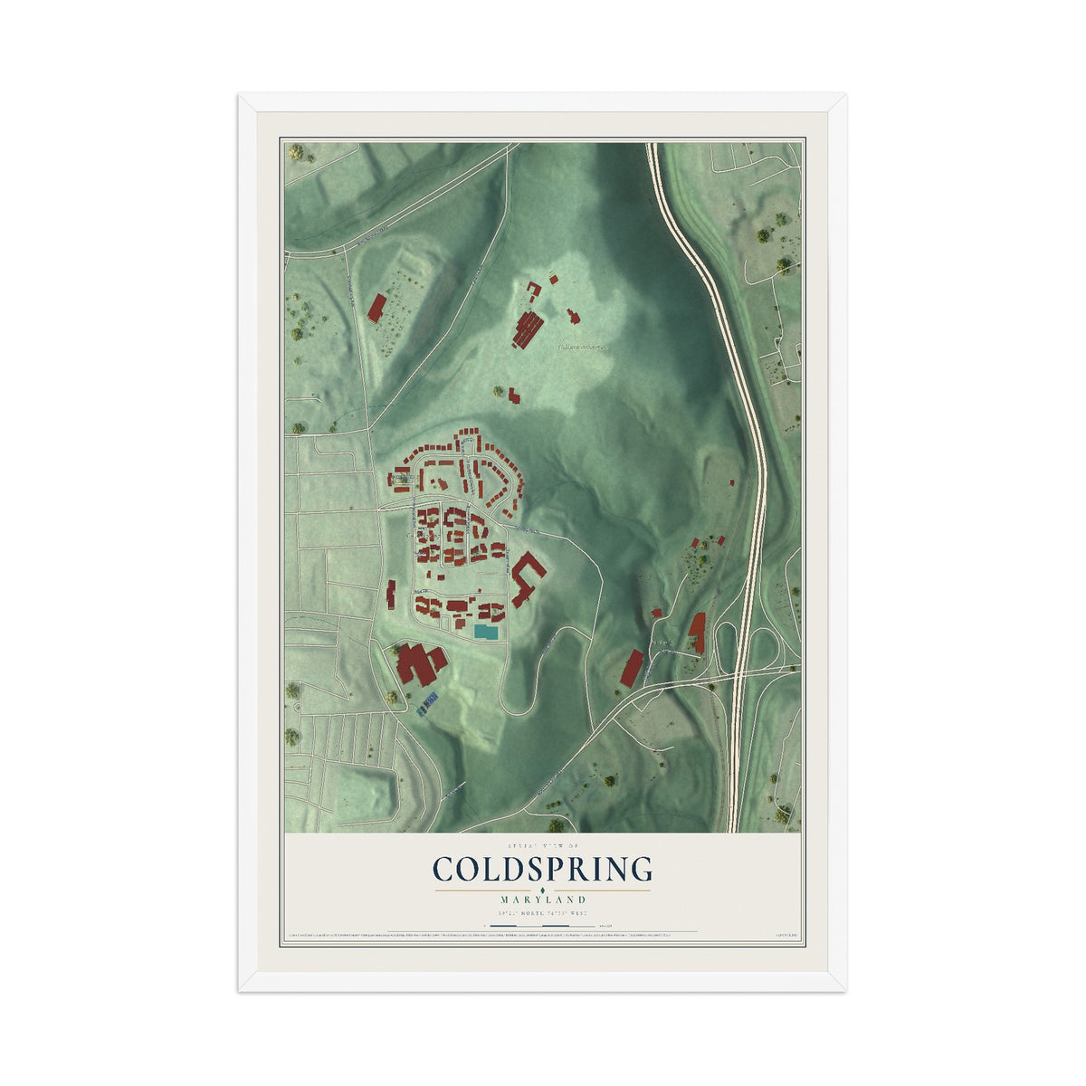 Map of Coldspring, Maryland, 12 x 18 inch print in a white wood frame