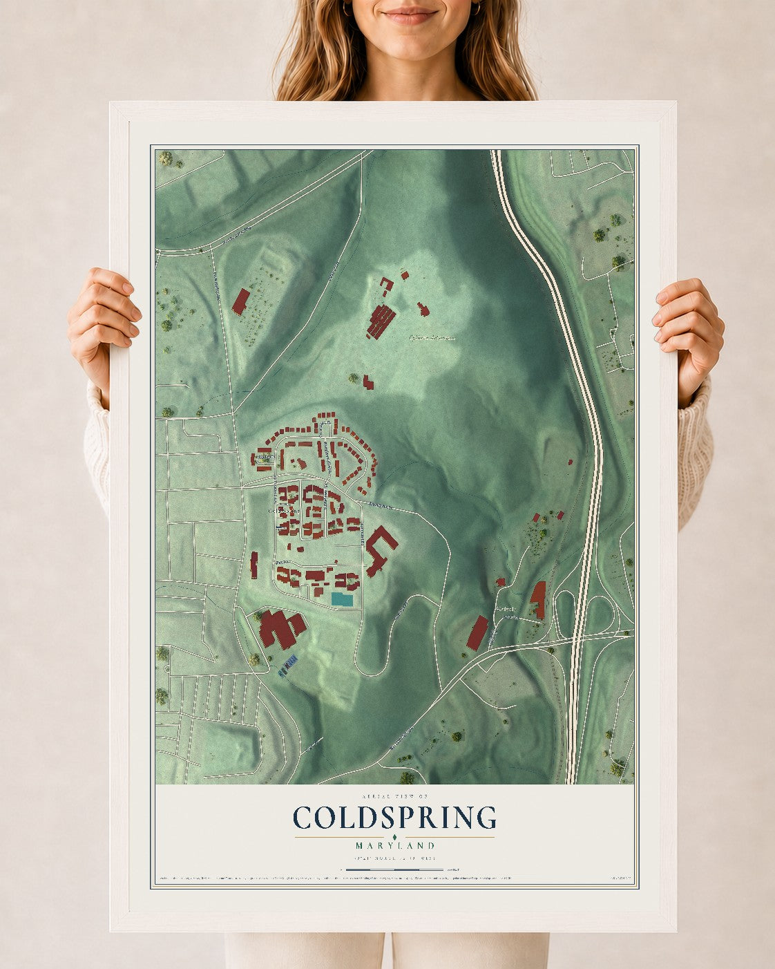Map of Coldspring, Maryland, 24 x 36 inch print in a white wood frame