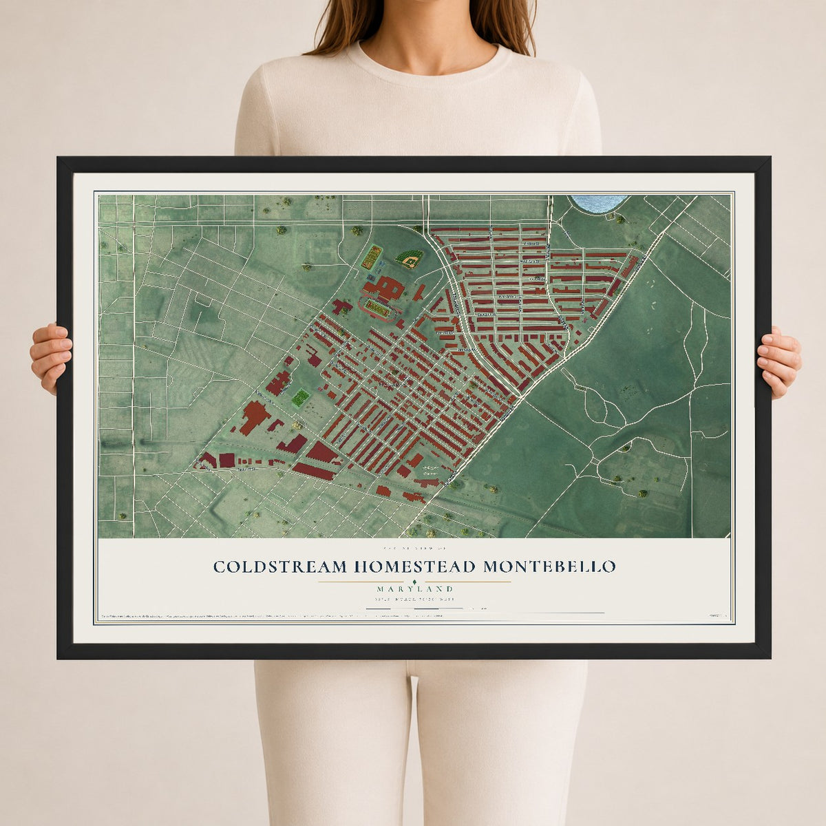 Map of Coldstream Homestead Montebello, Maryland, 24 x 36 inch print in a black wood frame