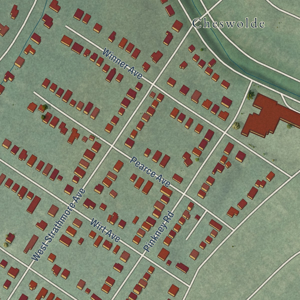 Close-up of the map of Cross Country, Maryland print showing street and building detail