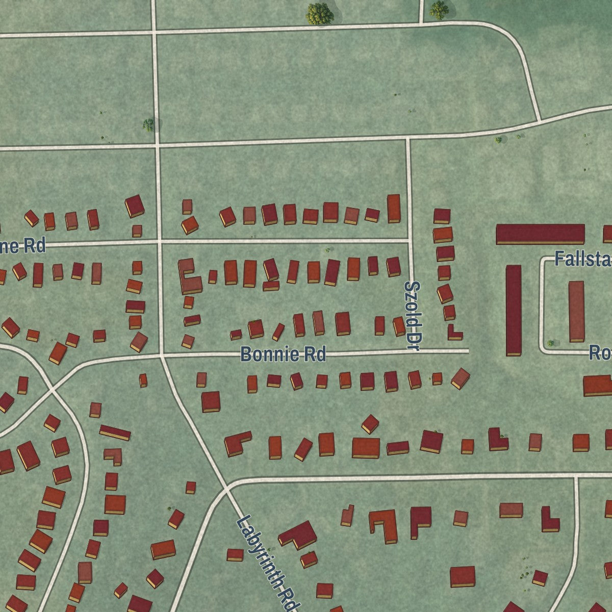 Second close-up of the map of Cross Country, Maryland print showing more streets and buildings