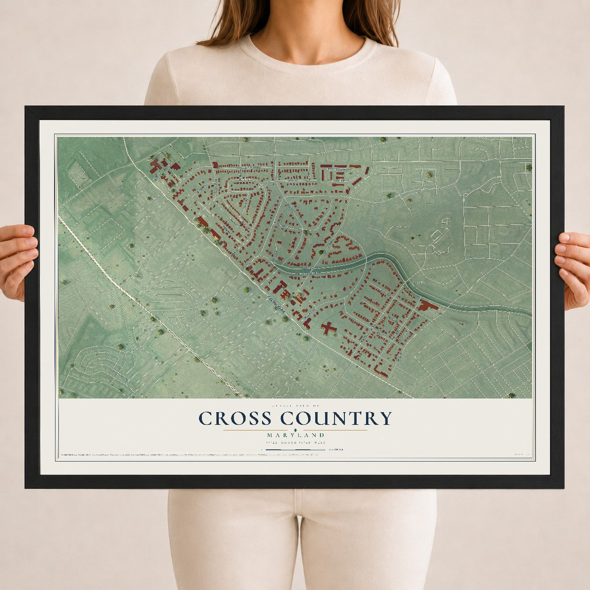 Map of Cross Country, Maryland, 18 x 24 inch print in a black wood frame