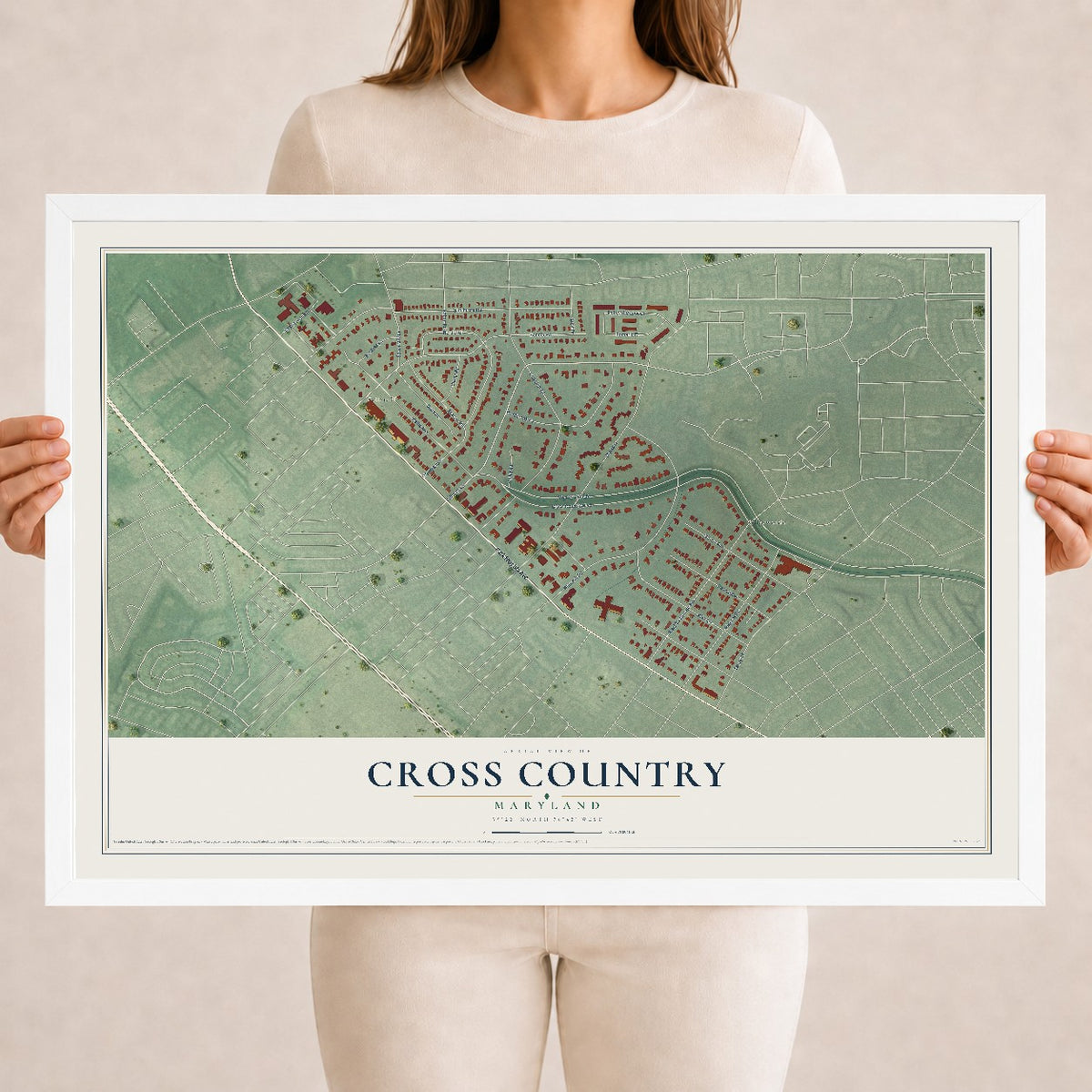 Map of Cross Country, Maryland, 18 x 24 inch print in a white wood frame
