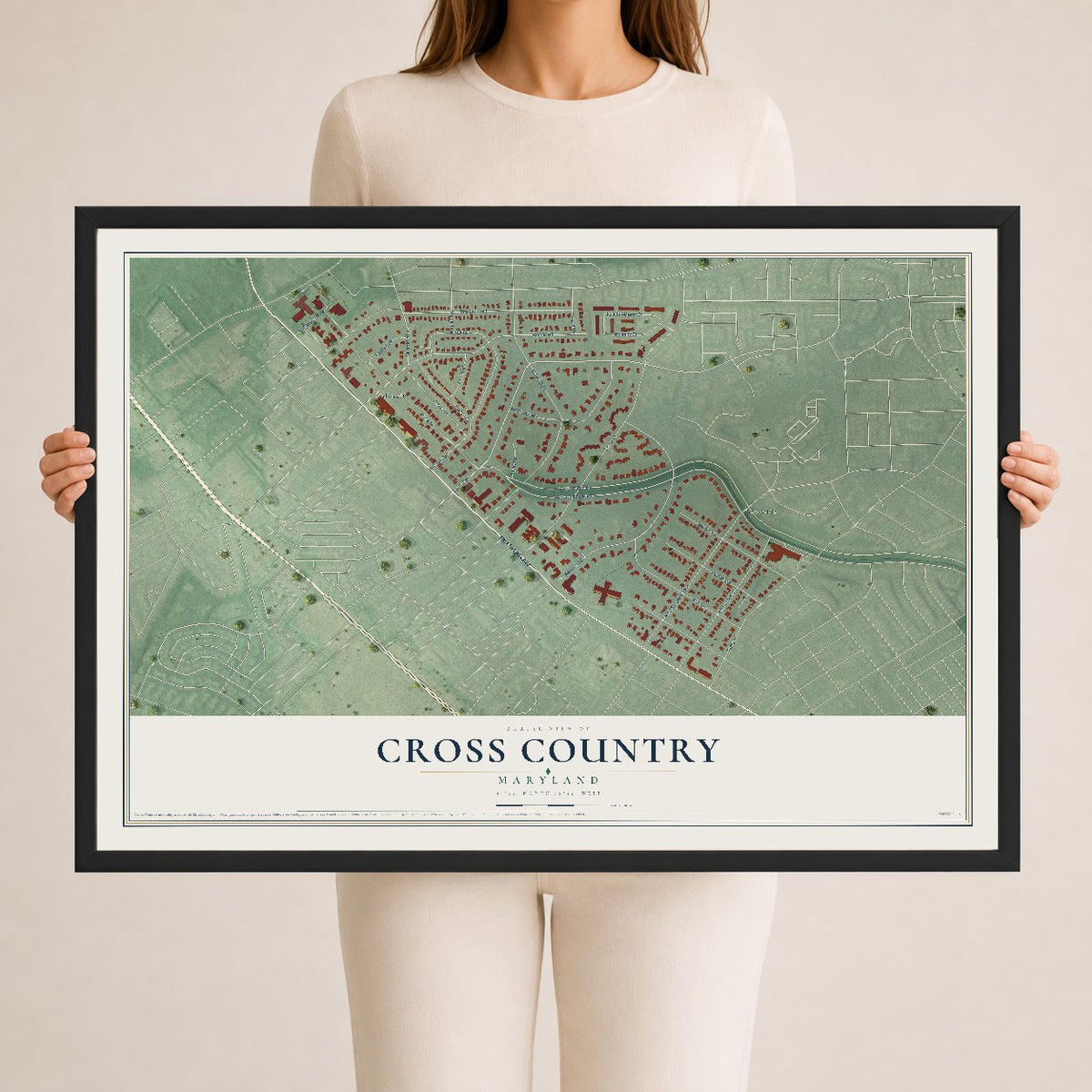 Map of Cross Country, Maryland, 24 x 36 inch print in a black wood frame