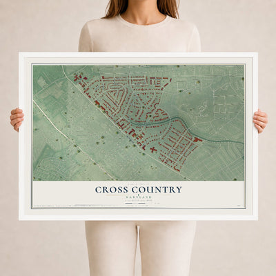 Map of Cross Country, Maryland, 24 x 36 inch print in a white wood frame