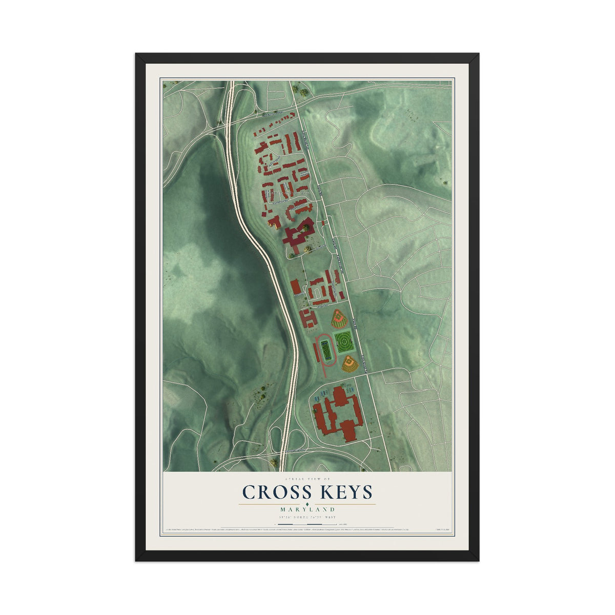 Map of Cross Keys, Maryland, 12 x 18 inch print in a black wood frame