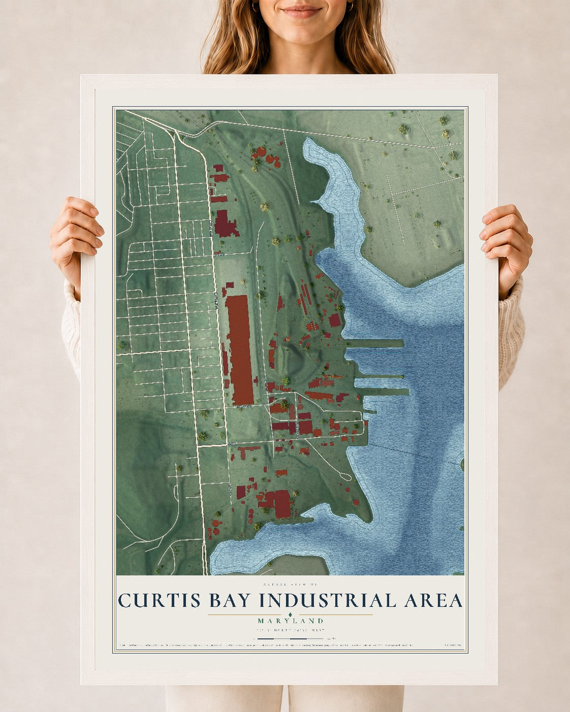 Map of Curtis Bay Industrial Area, Maryland, 24 x 36 inch print in a white wood frame