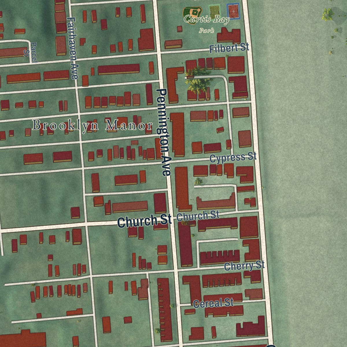 Close-up of the map of Curtis Bay, Maryland print showing street and building detail