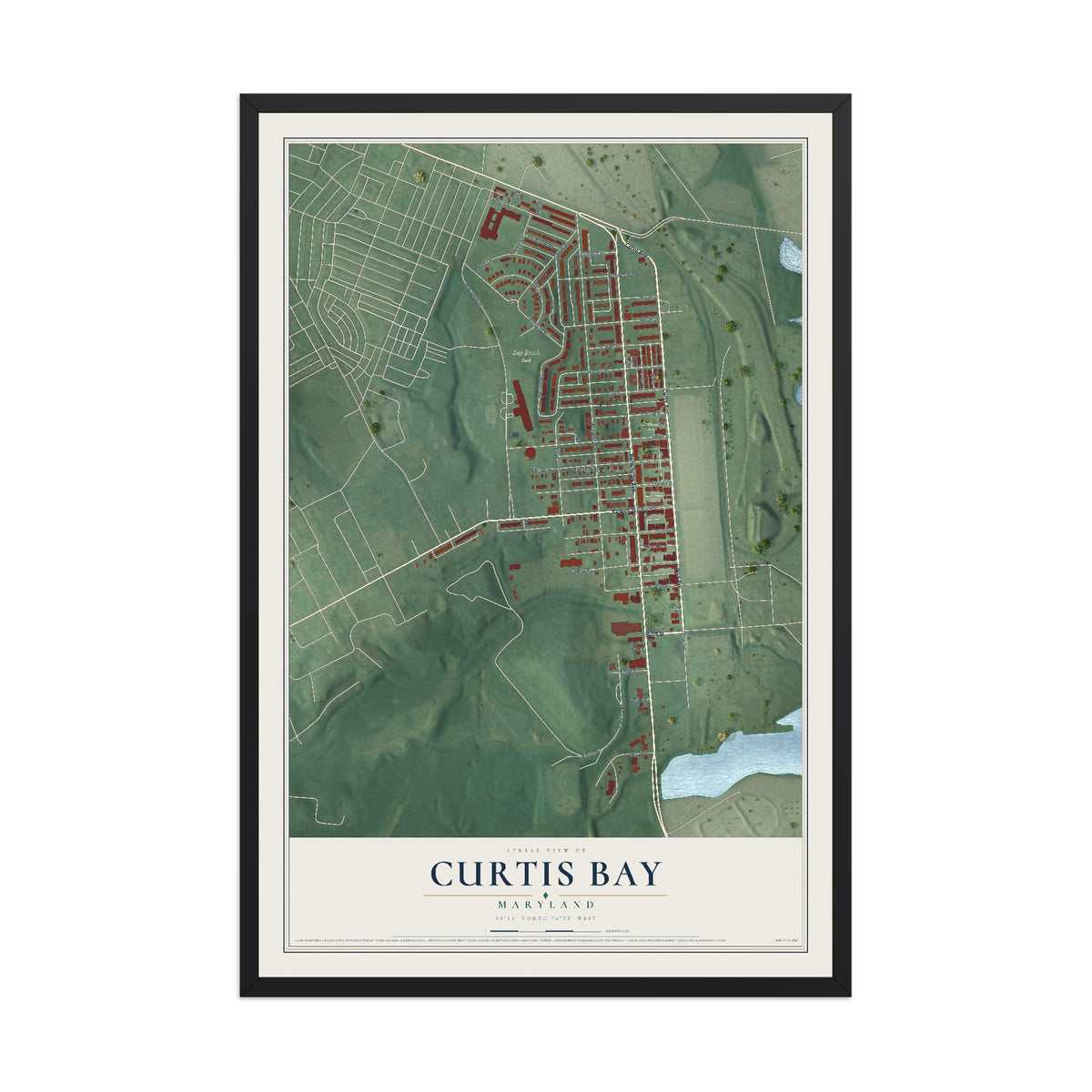 Map of Curtis Bay, Maryland, 12 x 18 inch print in a black wood frame
