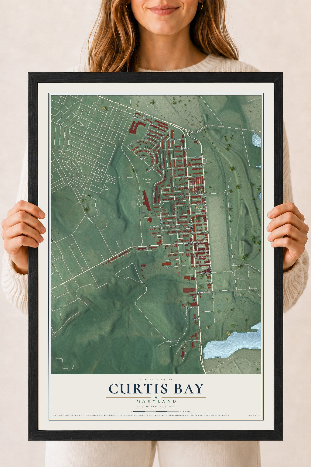 Map of Curtis Bay, Maryland, 18 x 24 inch print in a black wood frame
