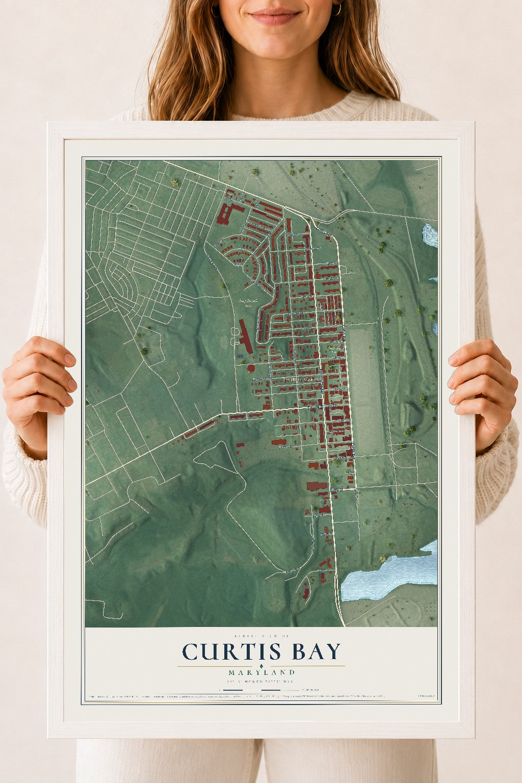 Map of Curtis Bay, Maryland, 18 x 24 inch print in a white wood frame