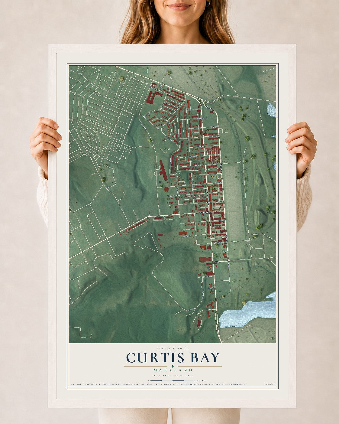 Map of Curtis Bay, Maryland, 24 x 36 inch print in a white wood frame