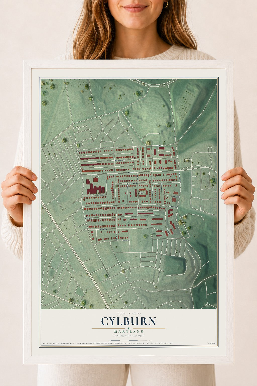 Map of Cylburn, Maryland, 18 x 24 inch print in a white wood frame