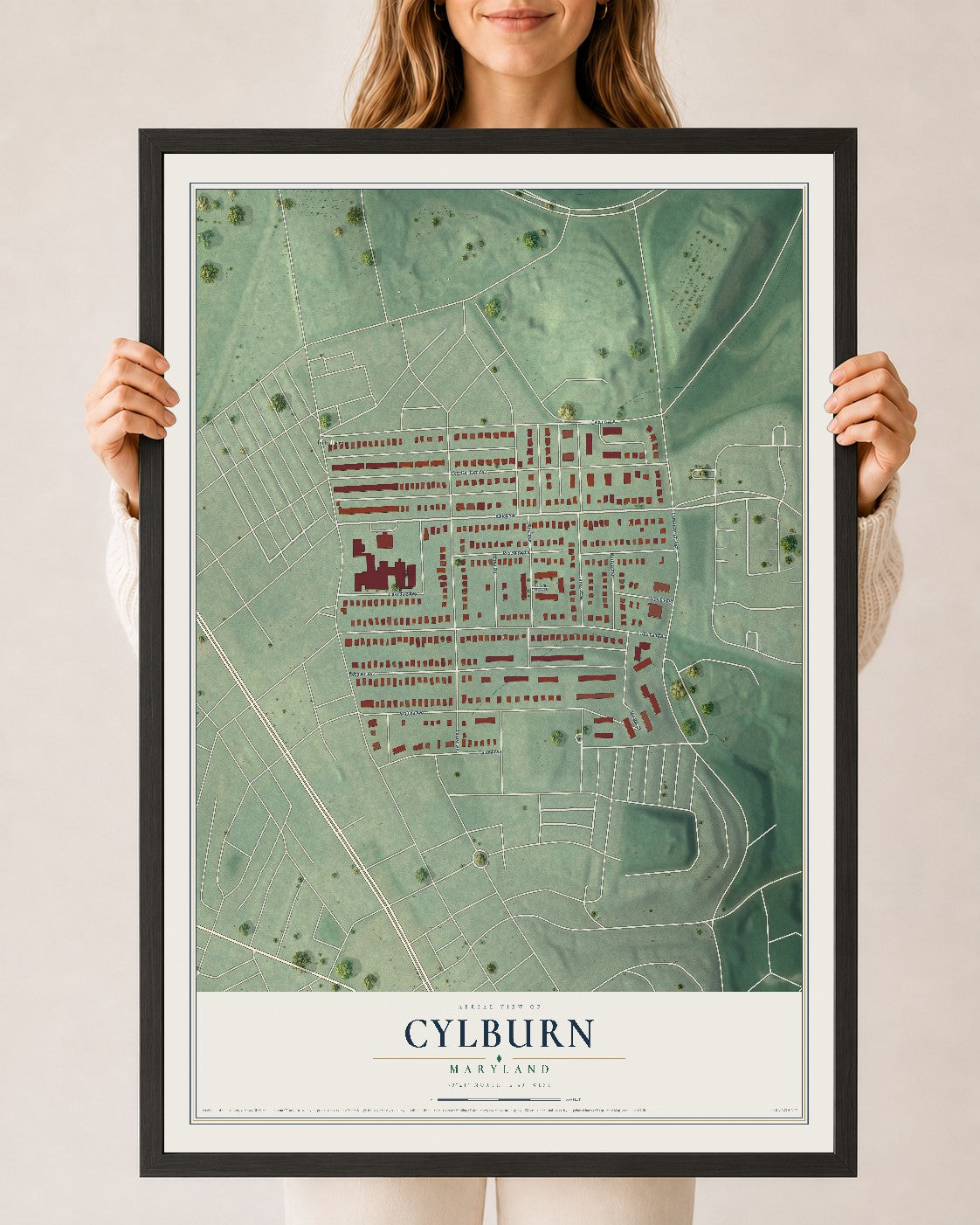 Map of Cylburn, Maryland, 24 x 36 inch print in a black wood frame