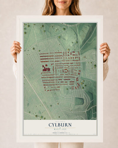 Map of Cylburn, Maryland, 24 x 36 inch print in a white wood frame