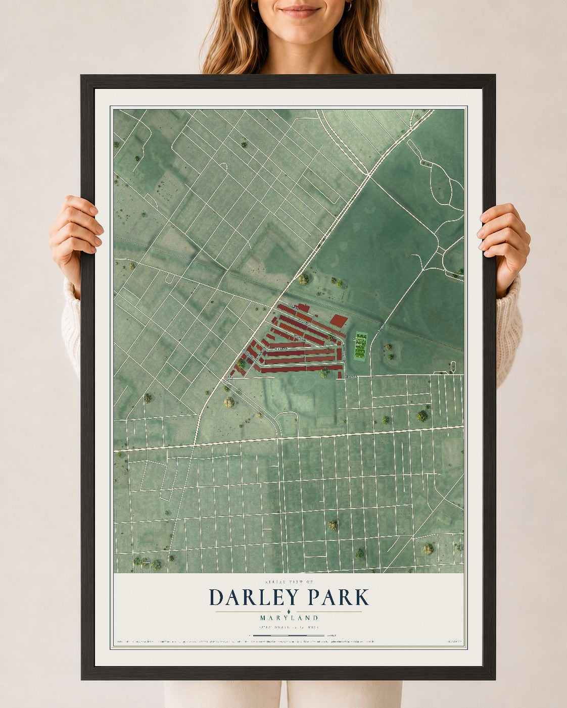Map of Darley Park, Maryland, 24 x 36 inch print in a black wood frame