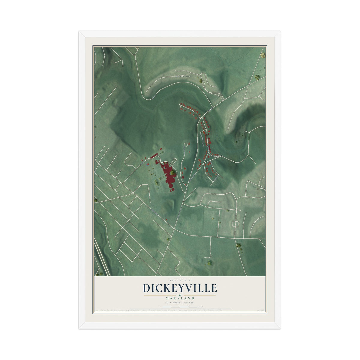 Map of Dickeyville, Maryland, 12 x 18 inch print in a white wood frame