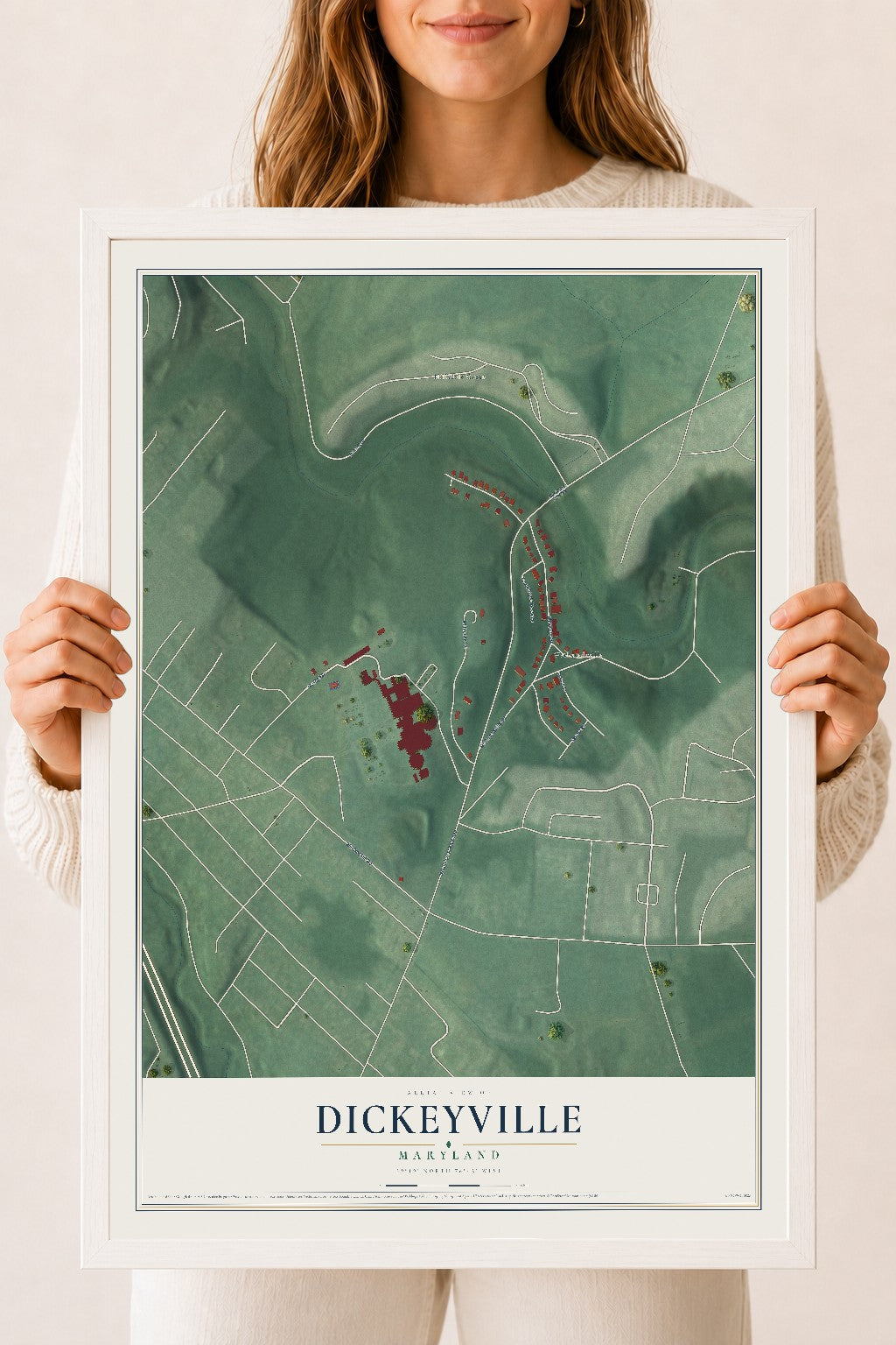 Map of Dickeyville, Maryland, 18 x 24 inch print in a white wood frame