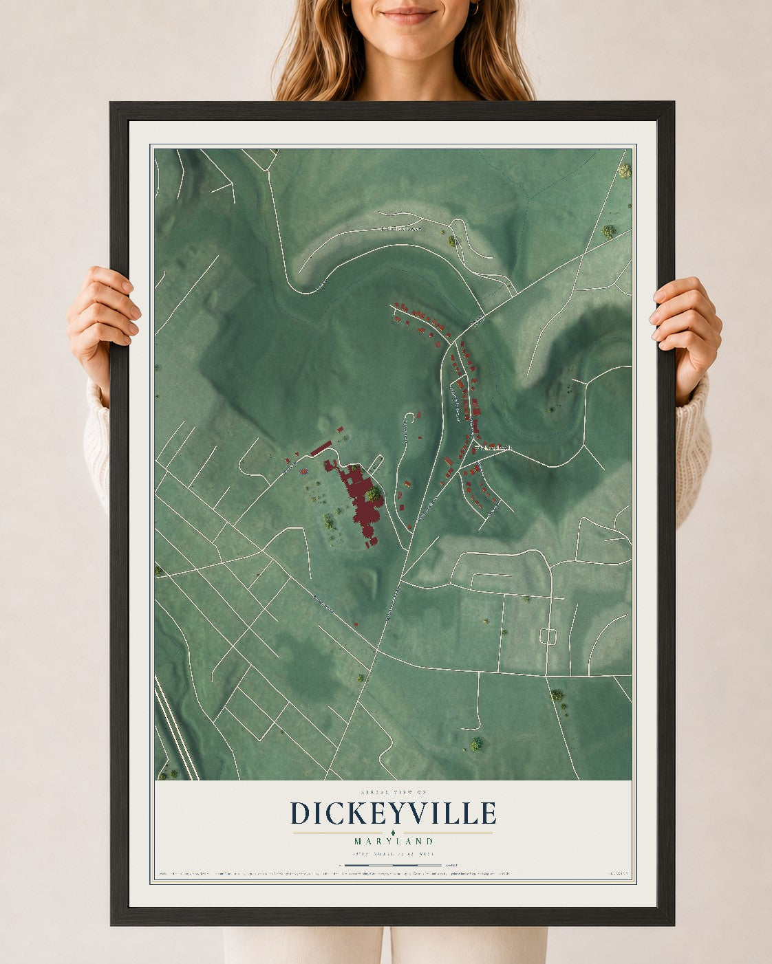 Map of Dickeyville, Maryland, 24 x 36 inch print in a black wood frame